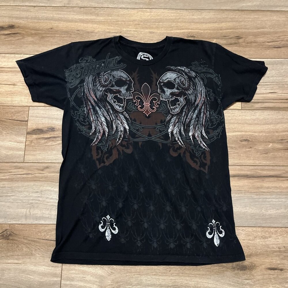 Men's Sinister Brand Graphic T Shirt SZ LARGE Black Skulls Y2K Tattoo Rock AOP